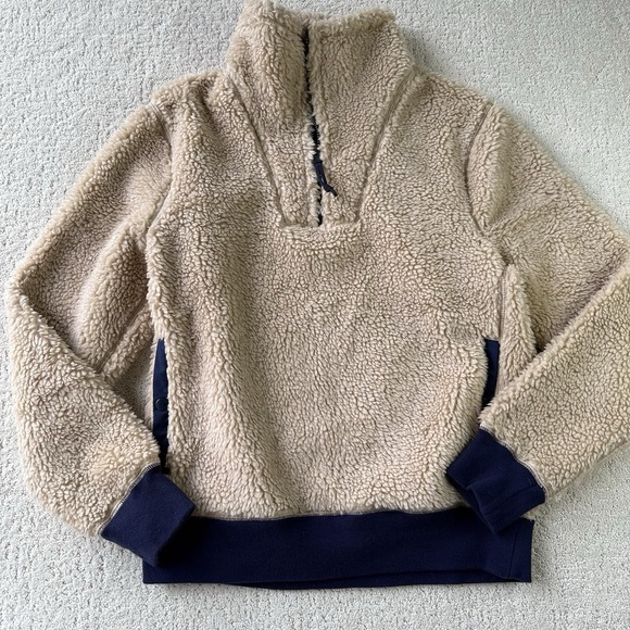 J. Crew Nordic Sherpa Fleece Pullover Women S Half Zip Beige Navy Cozy $148 - Picture 3 of 8